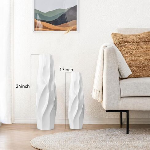 White Ceramic Floor Vase Decorative Tall 24" Flower Large Vase for Pampas Grass Modern with Sleek Glossy Glaze & Ripple Shape Design Minimalist Style for Living Room Office Home Decor in Saudi Arabia