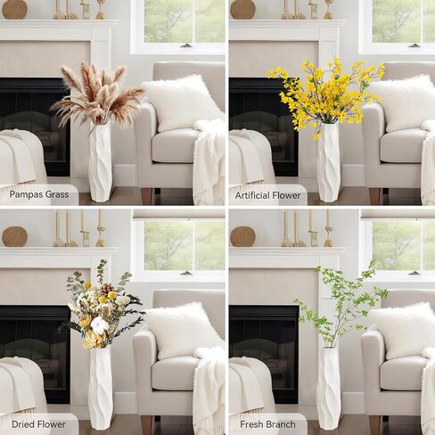 White Ceramic Floor Vase Decorative Tall 24" Flower Large Vase for Pampas Grass Modern with Sleek Glossy Glaze & Ripple Shape Design Minimalist Style for Living Room Office Home Decor in Saudi Arabia