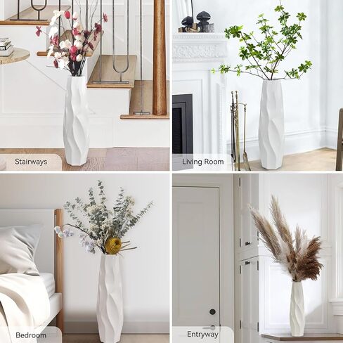 White Ceramic Floor Vase Decorative Tall 24" Flower Large Vase for Pampas Grass Modern with Sleek Glossy Glaze & Ripple Shape Design Minimalist Style for Living Room Office Home Decor in Saudi Arabia