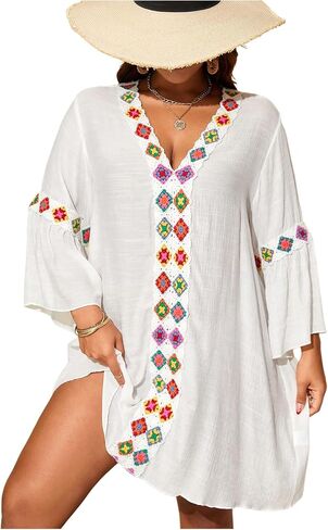Women's Plus Size Floral Cover ups Dress Long Sleeve V Neck Beach Swim Dress Beachwear in Saudi Arabia
