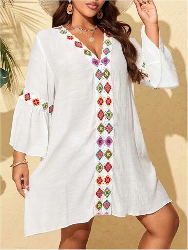 Women's Plus Size Floral Cover ups Dress Long Sleeve V Neck Beach Swim Dress Beachwear in Saudi Arabia