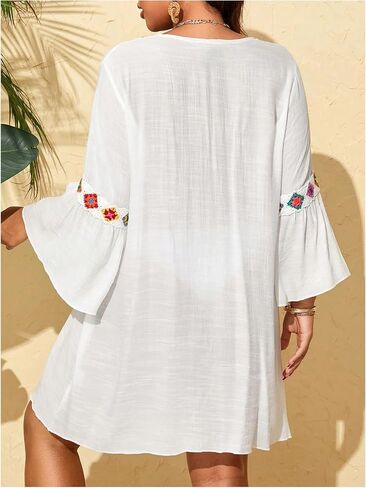 Women's Plus Size Floral Cover ups Dress Long Sleeve V Neck Beach Swim Dress Beachwear in Saudi Arabia