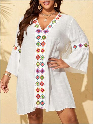 Women's Plus Size Floral Cover ups Dress Long Sleeve V Neck Beach Swim Dress Beachwear in Saudi Arabia