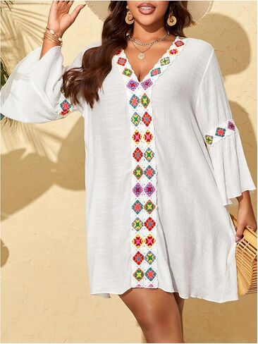 Women's Plus Size Floral Cover ups Dress Long Sleeve V Neck Beach Swim Dress Beachwear in Saudi Arabia