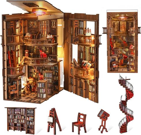 Book Nook Kit, DIY Miniature Dollhouse Booknook Kit, 3D Wooden Puzzle Bookend Bookshelf Insert Decor with LED Light for Teens and Adults (Abbey Library) in Kuwait