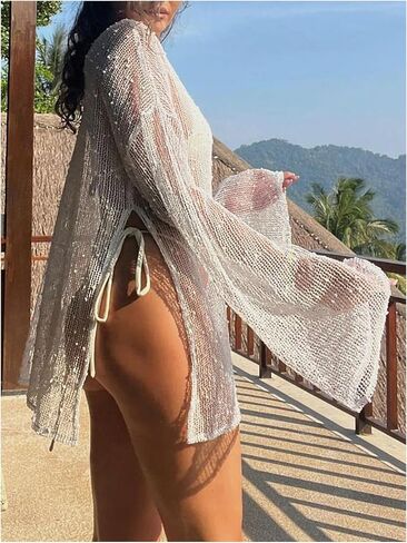 MakeMechic Women's Women Sheer Sleeve Cove Ups Split Summer Simsuits Coverup in Saudi Arabia