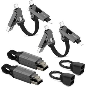 كابل شاحن سلسلة المفاتيح Statik HexCharge - حلقة مفاتيح كابل شحن محمولة 4 في 1، شحن سريع 60 وات، كابل شحن عالمي متعدد متوافق مع iPhone وUSB C وUSB A in Kuwait