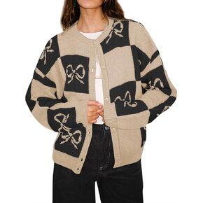 Saodimallsu Womens Checkered Sweater Bow Color Block Plaid Cardigan Long Sleeve Button Open Front Knit Coat in Saudi Arabia
