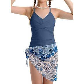 Girls Swimsuit Criss Cross Ruched One Piece Bathing Suit with Printed Mesh Cover Ups Adjustable Straps Swimwear 7-16Y in Saudi Arabia