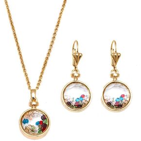 Gem Stone King Gold Plated Brass Multi Color Floating Crystals Round Drop Pendant and Earrings Jewelry Set in Saudi Arabia