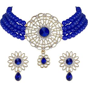 Aheli Kundan Pearl Choker Multi Layered Necklace Earrings Set Indian Traditional Wedding Jewelry Gift for Women in Saudi Arabia