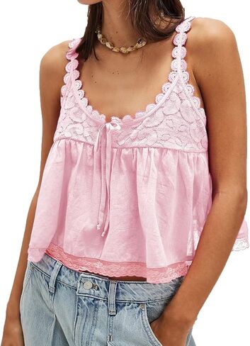 Women Lace Trim Babydoll Tank Top Tie Front Sexy Semi Sheer Y2k Summer Teen Girls Going Out Tops in Saudi Arabia
