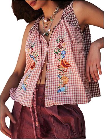 GORGLITTER Women's Floral Embroidered Tops Y2K Sleeveless Scoop Neck Button Down Tank Top in Saudi Arabia