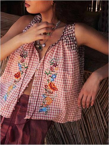 GORGLITTER Women's Floral Embroidered Tops Y2K Sleeveless Scoop Neck Button Down Tank Top in Saudi Arabia