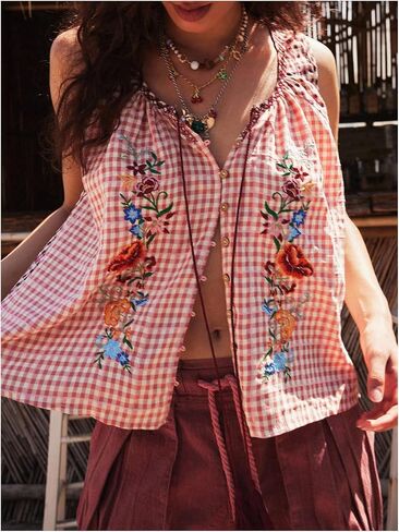 GORGLITTER Women's Floral Embroidered Tops Y2K Sleeveless Scoop Neck Button Down Tank Top in Saudi Arabia