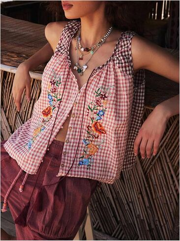 GORGLITTER Women's Floral Embroidered Tops Y2K Sleeveless Scoop Neck Button Down Tank Top in Saudi Arabia