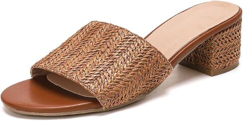 getmorebeauty Raffia Heeled Sandals for Women Chunky Heels Open Toe Slides Mules Sandals Slip On Summer Shoes in Kuwait