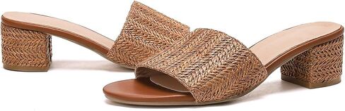 getmorebeauty Raffia Heeled Sandals for Women Chunky Heels Open Toe Slides Mules Sandals Slip On Summer Shoes in Kuwait