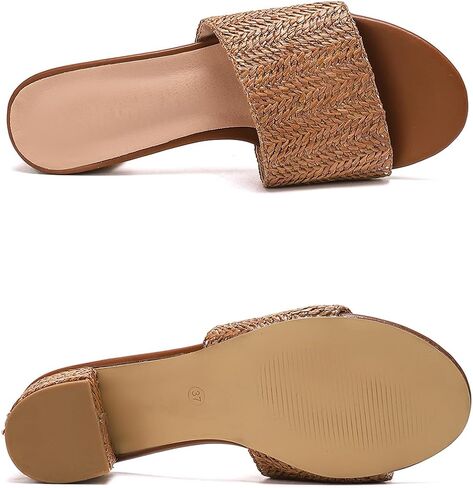 getmorebeauty Raffia Heeled Sandals for Women Chunky Heels Open Toe Slides Mules Sandals Slip On Summer Shoes in Kuwait