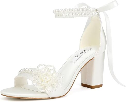 Pearl Heels Wedding Shoes for Bride Open Toe Bridal Shoes Block Heel Wedding Sandals in Kuwait