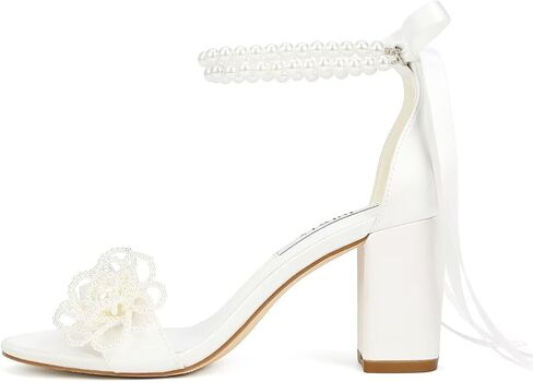 Pearl Heels Wedding Shoes for Bride Open Toe Bridal Shoes Block Heel Wedding Sandals in Kuwait