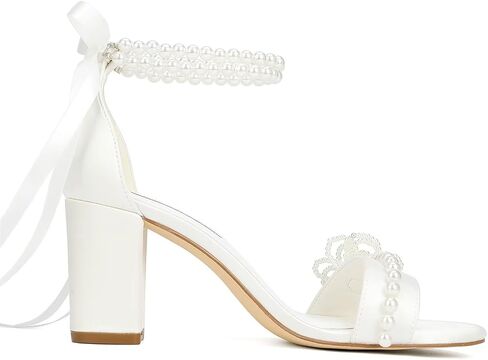 Pearl Heels Wedding Shoes for Bride Open Toe Bridal Shoes Block Heel Wedding Sandals in Kuwait