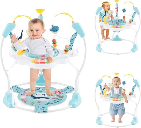 Honey Joy Baby Bouncer Activity Center ، الطائر الرضع والطاولة مع مقعد دوار 360 درجة ، 3 ارتفاعات قابلة للتعديل ، حصيرة ، الموسيقى ، الأضواء ، الأصوات والألعاب التنموية ، مركز النشاط للأطفال أكثر من 6 أشهر ، الأزرق in Kuwait