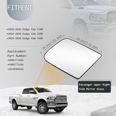 Passenger Side Upper & Lower Side Mirror Glass Compatible for 2010-2020 Dodge Ram 1500 2500 3500 Big Lens with Holder Heated Replace 68067728AA 68067730AA in Saudi Arabia