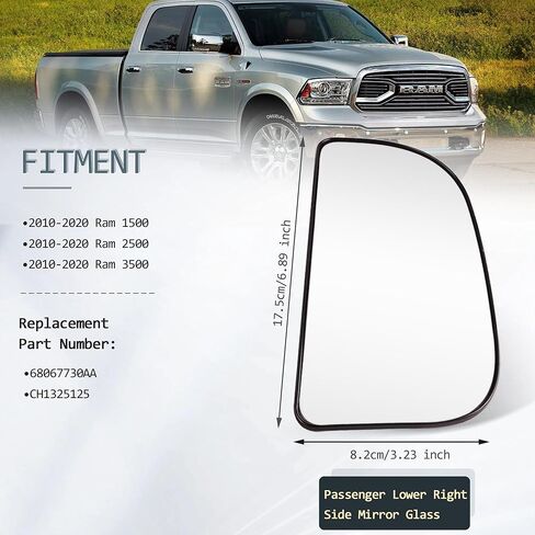 Passenger Side Upper & Lower Side Mirror Glass Compatible for 2010-2020 Dodge Ram 1500 2500 3500 Big Lens with Holder Heated Replace 68067728AA 68067730AA in Saudi Arabia
