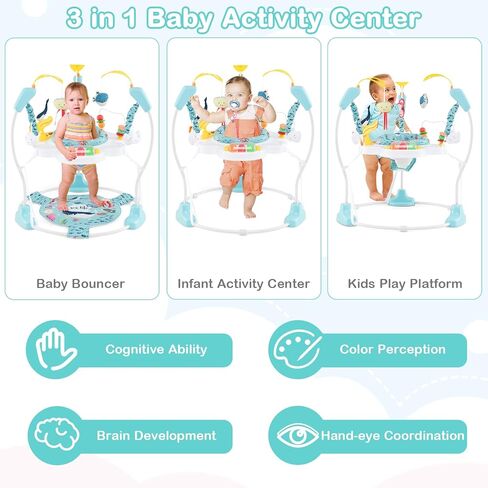 Honey Joy Baby Bouncer Activity Center ، الطائر الرضع والطاولة مع مقعد دوار 360 درجة ، 3 ارتفاعات قابلة للتعديل ، حصيرة ، الموسيقى ، الأضواء ، الأصوات والألعاب التنموية ، مركز النشاط للأطفال أكثر من 6 أشهر ، الأزرق in Kuwait