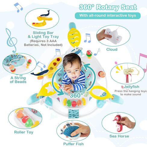 Honey Joy Baby Bouncer Activity Center ، الطائر الرضع والطاولة مع مقعد دوار 360 درجة ، 3 ارتفاعات قابلة للتعديل ، حصيرة ، الموسيقى ، الأضواء ، الأصوات والألعاب التنموية ، مركز النشاط للأطفال أكثر من 6 أشهر ، الأزرق in Kuwait