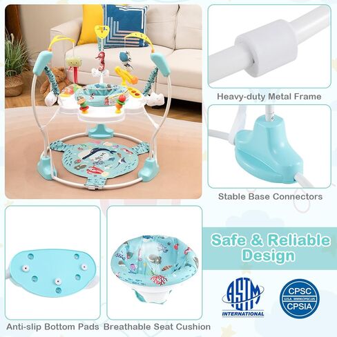 Honey Joy Baby Bouncer Activity Center ، الطائر الرضع والطاولة مع مقعد دوار 360 درجة ، 3 ارتفاعات قابلة للتعديل ، حصيرة ، الموسيقى ، الأضواء ، الأصوات والألعاب التنموية ، مركز النشاط للأطفال أكثر من 6 أشهر ، الأزرق in Kuwait