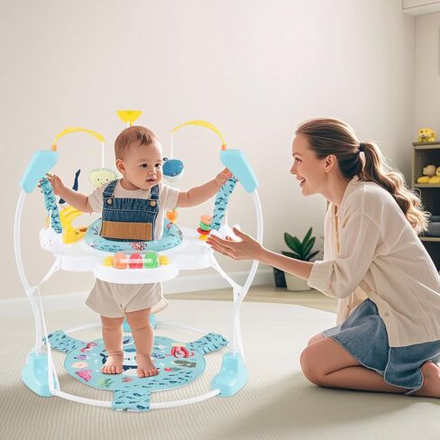 Honey Joy Baby Bouncer Activity Center ، الطائر الرضع والطاولة مع مقعد دوار 360 درجة ، 3 ارتفاعات قابلة للتعديل ، حصيرة ، الموسيقى ، الأضواء ، الأصوات والألعاب التنموية ، مركز النشاط للأطفال أكثر من 6 أشهر ، الأزرق in Kuwait