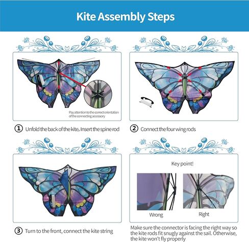 Simxkai Butterfly Kite for Kids & Adults, Easy to Fly Blue Big Kite for Beginners, Line Handle Included (1Pack 2Pack) in Kuwait