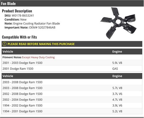 Engine Cooling Radiator Fan Blade - Compatible with 1994-2008 Dodge Ram 1500 in Saudi Arabia