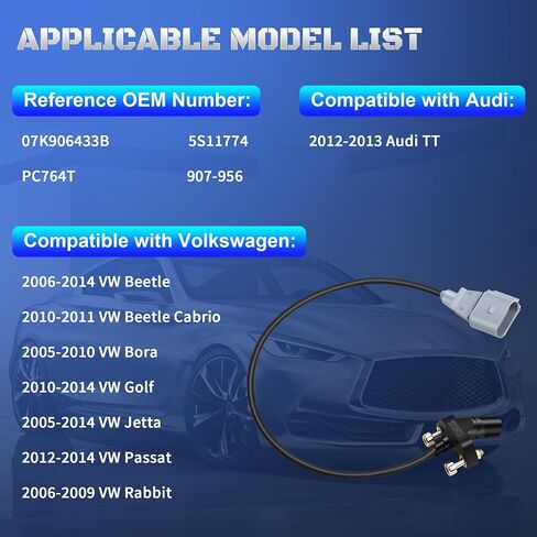 07K906433B Crankshaft Position Sensor Compatible with VW Beetle Jetta 2006 2007 2008 2009 2010 2011 2012 2013 2014, Rabbit 2006-2009, Golf 2010-2014, Passat 2012-2014, Bora 2005-2010 in Saudi Arabia