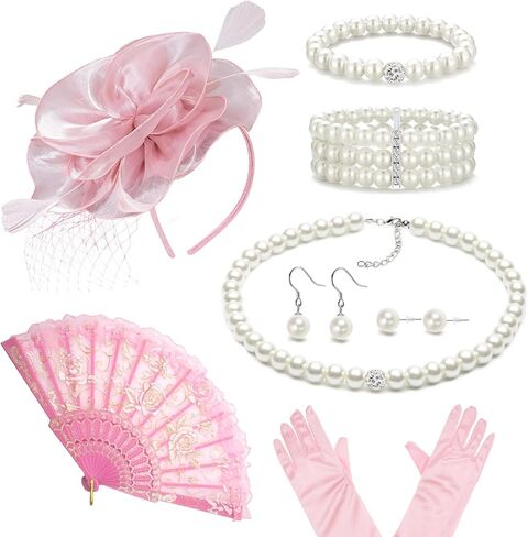 Tea Party Costume Outfit for Women Fascinator Hats Glove Fan Pearl Set Halloween Cosplay Tea Party in Kuwait