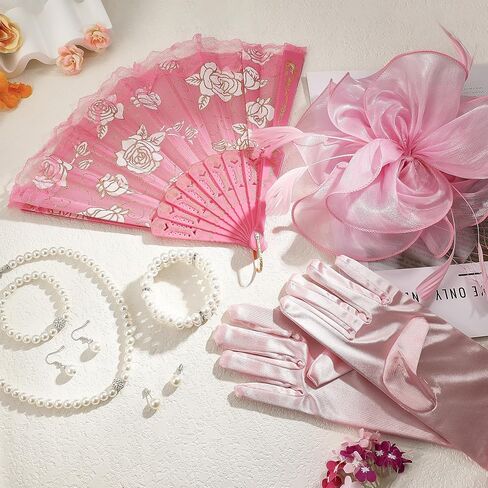 Tea Party Costume Outfit for Women Fascinator Hats Glove Fan Pearl Set Halloween Cosplay Tea Party in Kuwait
