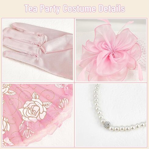Tea Party Costume Outfit for Women Fascinator Hats Glove Fan Pearl Set Halloween Cosplay Tea Party in Kuwait