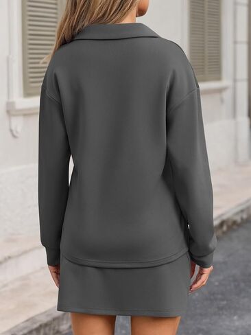 Fisoew Womens 2 Piece Outfits Casual Polo V Neck Sweatshirt High Waisted Skort Skirts Running Tracksuit Sets in Saudi Arabia