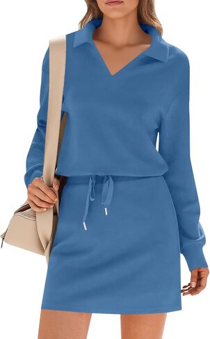 Fisoew Womens 2 Piece Outfits Casual Polo V Neck Sweatshirt High Waisted Skort Skirts Running Tracksuit Sets in Saudi Arabia