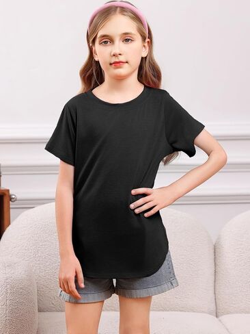 Girls Short Sleeve T Shirts Loose Fit Curve Hem Tunic Tops 5-14 Years in Kuwait