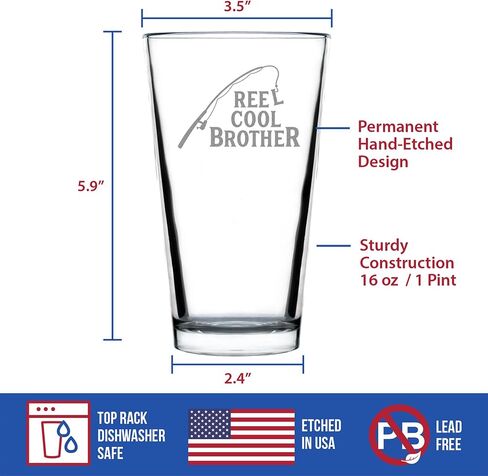 Reel Cool Brother - 16 oz Pint Glass for Beer - Funny Fishing Gifts for Fisherman Brothers - Fun Fish Cups in Kuwait