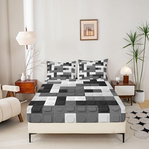 Feelyou Toddler Building Blocks Fitted Sheet Twin Size Kids Toy Brick Bedding Set for Boys Teens Games Bed Sheet Set Breathable Colorful Bed Cover Room Decor in Kuwait