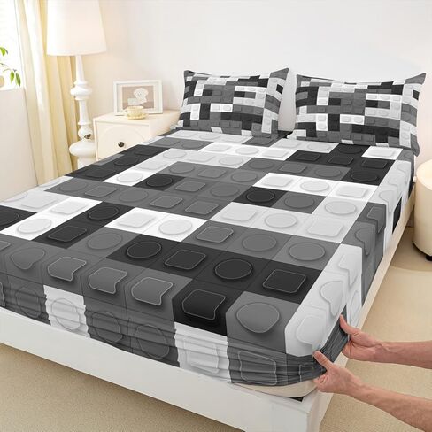 Feelyou Toddler Building Blocks Fitted Sheet Twin Size Kids Toy Brick Bedding Set for Boys Teens Games Bed Sheet Set Breathable Colorful Bed Cover Room Decor in Kuwait