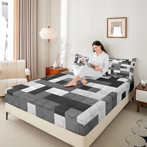 Feelyou Toddler Building Blocks Fitted Sheet Twin Size Kids Toy Brick Bedding Set for Boys Teens Games Bed Sheet Set Breathable Colorful Bed Cover Room Decor in Kuwait