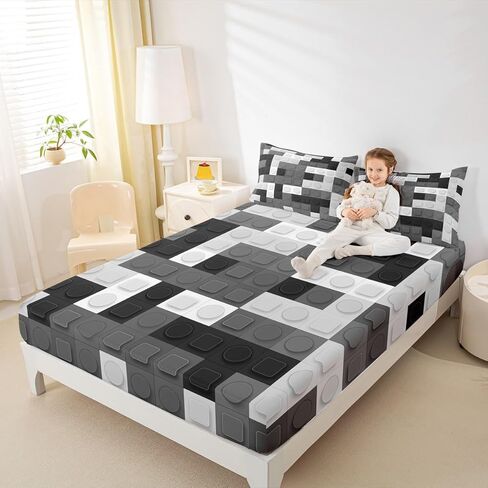 Feelyou Toddler Building Blocks Fitted Sheet Twin Size Kids Toy Brick Bedding Set for Boys Teens Games Bed Sheet Set Breathable Colorful Bed Cover Room Decor in Kuwait