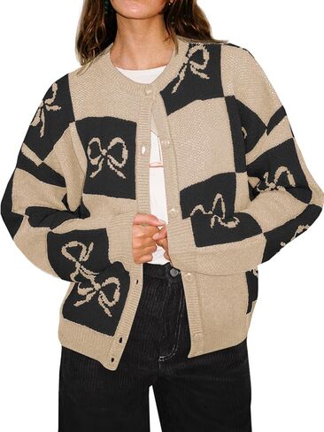 Saodimallsu Womens Checkered Sweater Bow Color Block Plaid Cardigan Long Sleeve Button Open Front Knit Coat in Saudi Arabia