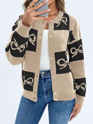 Saodimallsu Womens Checkered Sweater Bow Color Block Plaid Cardigan Long Sleeve Button Open Front Knit Coat in Saudi Arabia