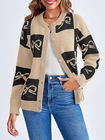 Saodimallsu Womens Checkered Sweater Bow Color Block Plaid Cardigan Long Sleeve Button Open Front Knit Coat in Saudi Arabia